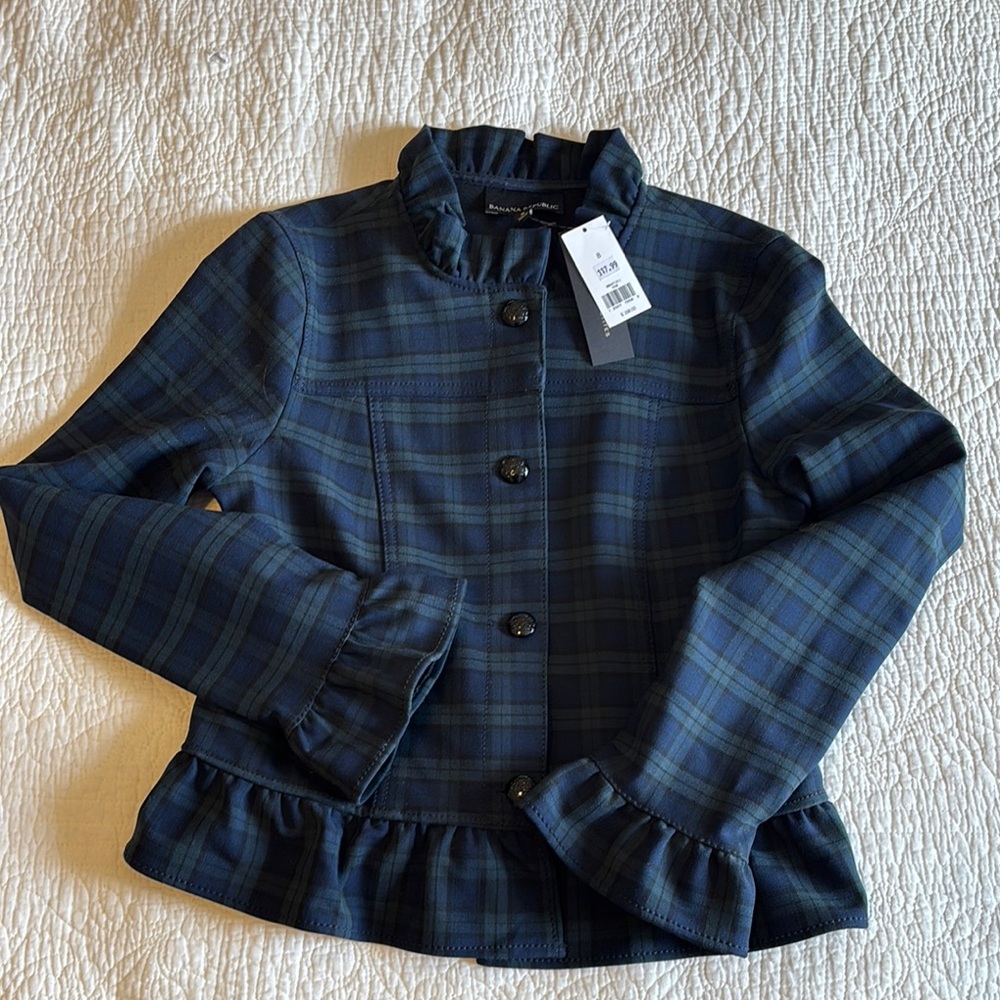 Banana Republic Blue and Green Blazer with Ruffled Collar